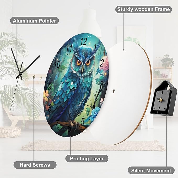 Blue Owl Watercolor Cartoon Round Wall Clock, Forest Flower Butterfly Background Handsome Owl Bird Theme, Wooden Silent Wall Decoration Wall Clock For Boys' And Girls' Bedrooms 12x12INCH