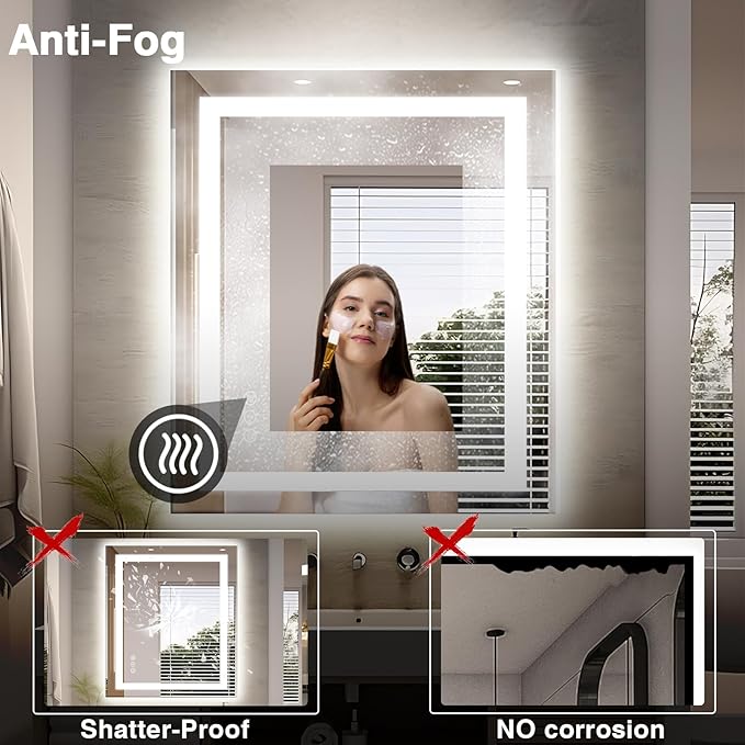 32"x36" LED Bathroom Mirror, Front and Backlit Mirror, Anti-Fog Vanity Mirror with Lights, Stepless Dimmable Illuminated, 3 Colors Smart Mirror (Horizontal/Vertical)