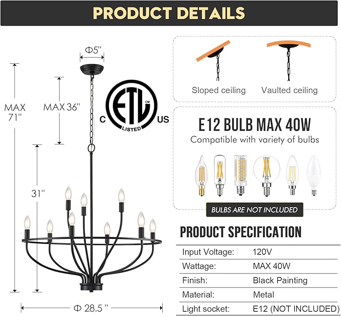 9-Light Black Chandelier Light Fixture Classic Candle Chandelier Lighting Over Table for Dining Room Living Room Bedroom Foyer Kitchen Island, 28.54in, E12