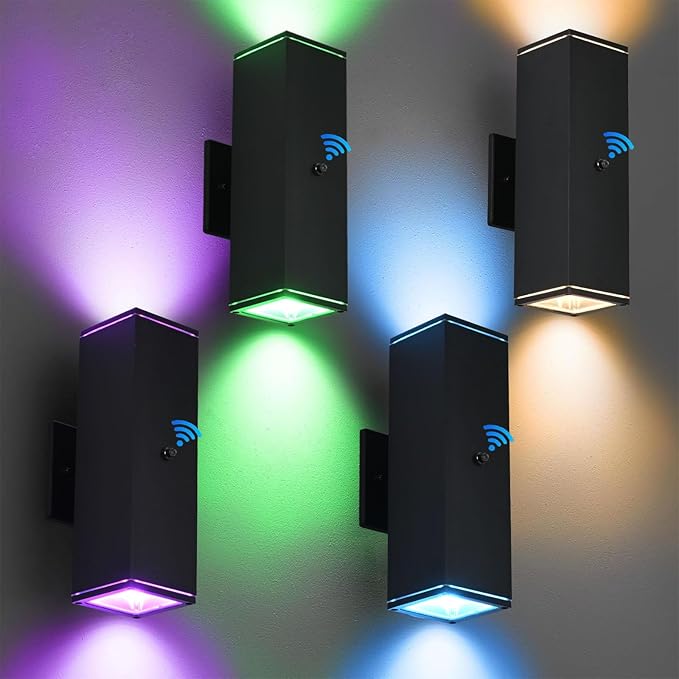 Outdoor Wall Lights 4 Pack, RGBCW Exterior Lighting Sconce,2700K-6500K Dimmable Smart Porch Lights Outdoor for House Patio Garage, Compatible with Alexa/Google Assistant, Bulb Included