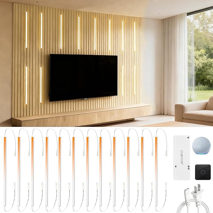 12Pcs 15‘’ Linkable CCT COB Recessed LED Light Bar Kit,2700K~6500K,with Rechargeable RF & Alexa Voice Control,for Wood Slat Wall Panel,Home Decor,Under Cabinet Strip Light,Silver Channel