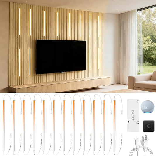 12Pcs 15‘’ Linkable CCT COB Recessed LED Light Bar Kit,2700K~6500K,with Rechargeable RF & Alexa Voice Control,for Wood Slat Wall Panel,Home Decor,Under Cabinet Strip Light,Silver Channel