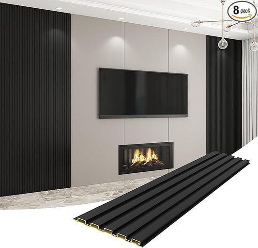 8-Pack WPC Wall Panels 118’’ x 6.3’’ 3D Slat Wall Panel Acoustic Wall Paneling for Interior Wall Decor TV Background Kitchen Bedroom Black