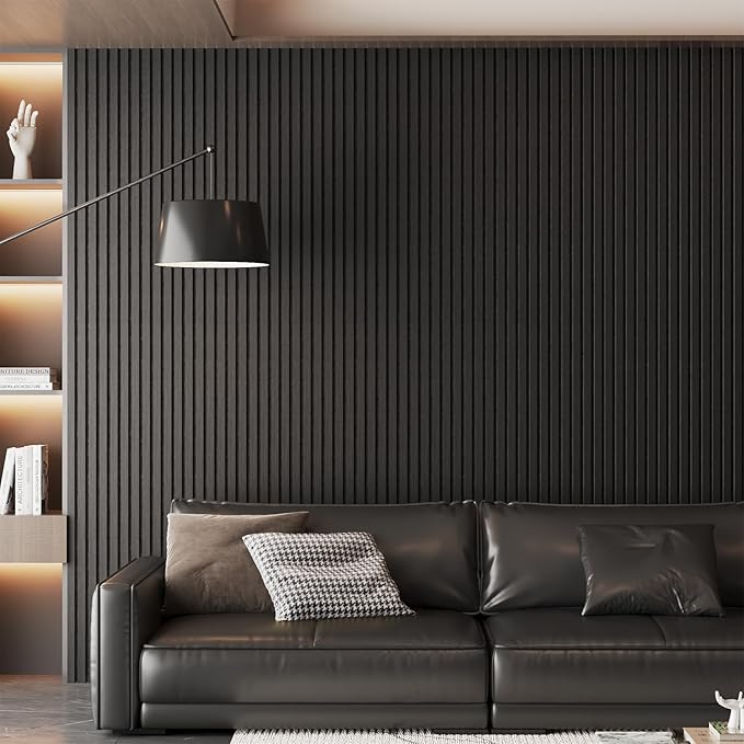 4 Panel Wood Slat Acoustic Panel 94" x8" for Sound Absorbing, Soundproof Wood Slat Panel Cover 21 Sq.Ft, 3D Fluted Sound Absorbing Paneling for Wall Decor, Living Room, Bedroom, Black Wood