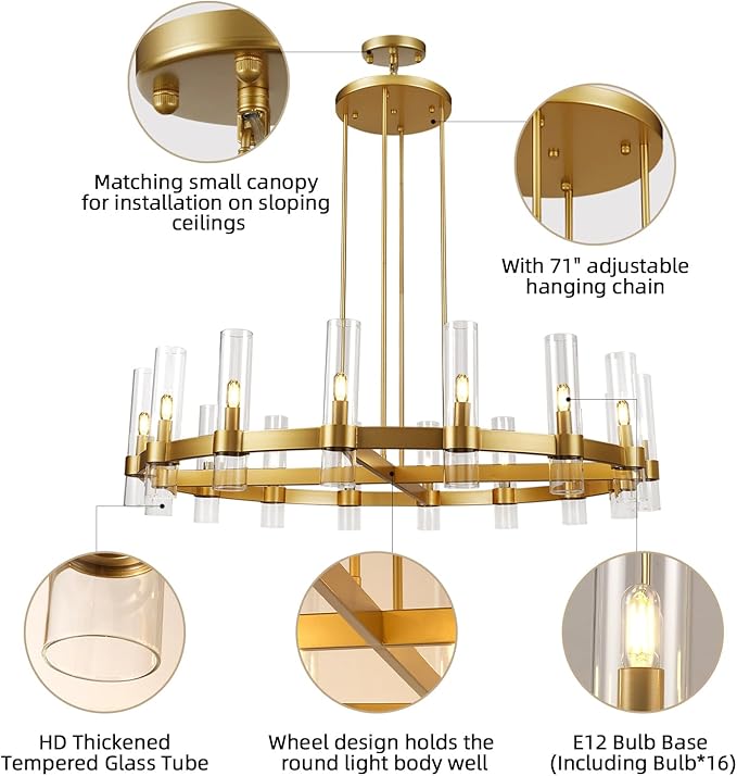 Modern 48" Gold Wagon Wheel Chandelier, Brass Round Chandeliers for Dining Room,16-Light Farmhouse Living Room Chandelier with Glass Tube for Bedroom,Staircase, Foyer, Entryway, Includes Bulbs