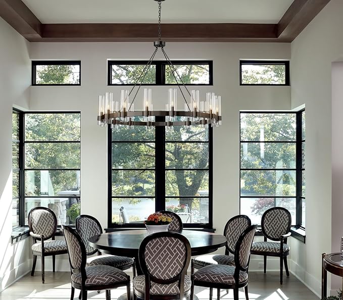 48 Inch Black Chandelier, Wagon Wheel Chandelier with Glass Shade, 16-Lights Large Round Modern Farmhouse High Ceiling Pendant Lighting Fixture for Dining Room, Living Room, Kitchen, Foyer