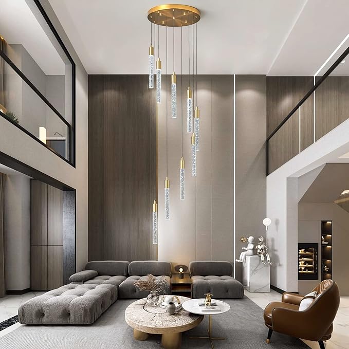 9-Light Modern Living Room Chandelier Gold Brass Finish Crystal Ceiling Pendant Lights LED Dimmable 54W 6000K Staircase Large Chandeliers for Entryway Lobby Foyer High Ceiling Chandeliers