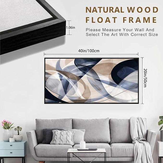Modern Geometric Abstract Canvas Wall Art 40 x 20 inches Navy Blue and Beige Tones Canvas Painting Framed Home Artwork Living Room Decor for Bedroom Office Wall Decor