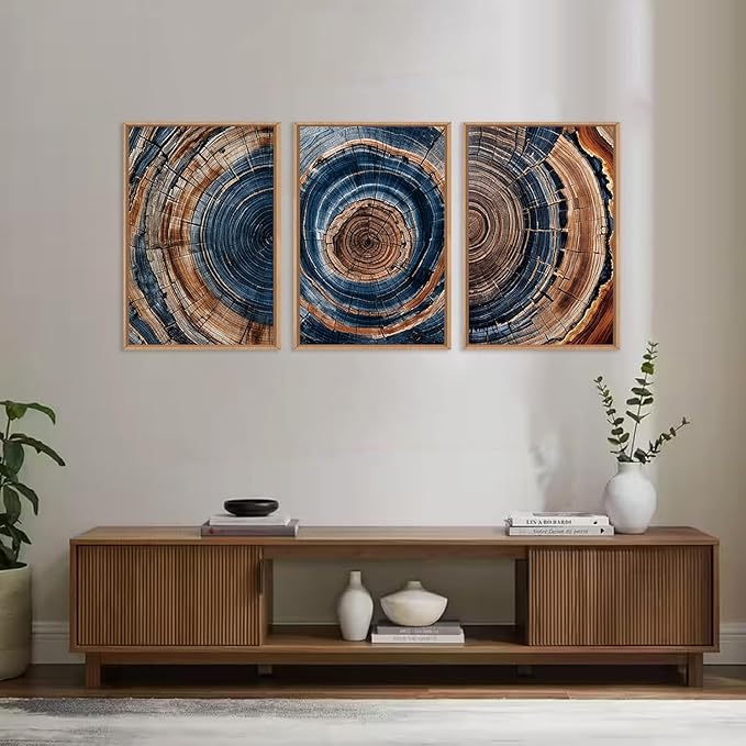 Colorful Tree Rings Framed Canvas Wall Art Set,Abstract Blue and Brown Wood Grain Wall Decor,Nature Modern Annual Ring Texture Artwork for Living Room,Bedroom-24 x36 x3