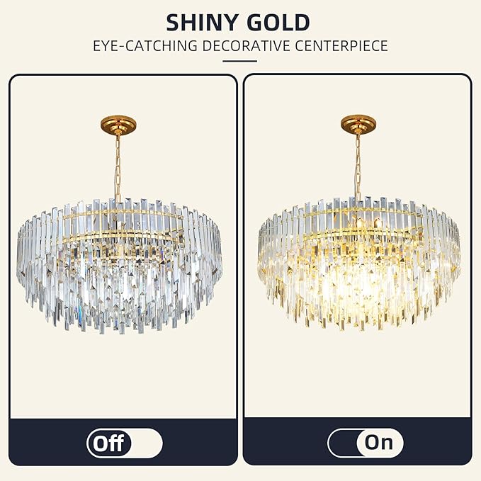31.5" Modern Crystal Chandelier, 3-Tier Gold Pendant Light with 13 Lights, Luxury K9 Crystal Ceiling Fixture for Dining Room Living Room Foyer