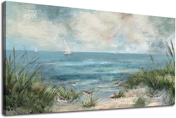 arteWOODS Sea Beach Canvas Wall Art Vintage Seascape Pictures Wall Decor Ocean Sailboat Seagull Prints Beach Bird Reed Painting Artwork for Living Room Bedroom Office Decoration 29" X 58"