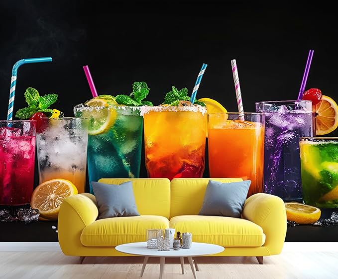 3D Cocktails Mural Wallpaper, Miami Cocktails Murals, Modern Stylish Wall Art Murals Wallpaper for Living Room Bedroom Home Decor Mural - 118" W x 82.17" H (Not Peel Stick)