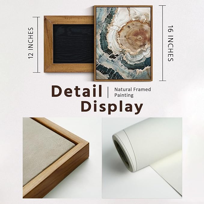 BingruiArt Framed Tree Ring Canvas Wall Art Abstract Wood Wall Decor Boho Modern Colorful Nature Painting Wood Stump Prints Pictures for Living Room Bedroom Bathroom Office 12"x16" Natural Framed(06)