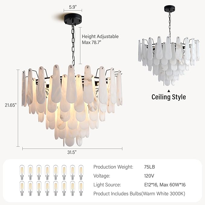 Alabaster Chandelier, D31.5 in Modern Round Chandelier, 6-Tiers Luxury Large White Marble Black Chandeliers for Dining Room Bedroom Foyer Living Room Entryway