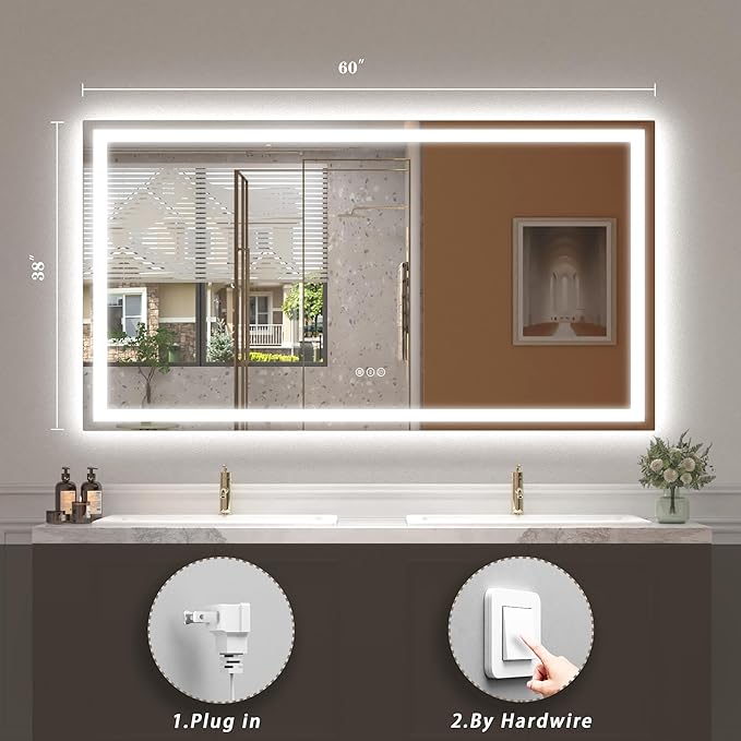 LED Bathroom Mirror for Wall 60x38, Large Lighted Vanity Mirror with Lights, Dimmable, Anti-Fog, Shatter-Proof, ETL Listed (Front + Backlit)
