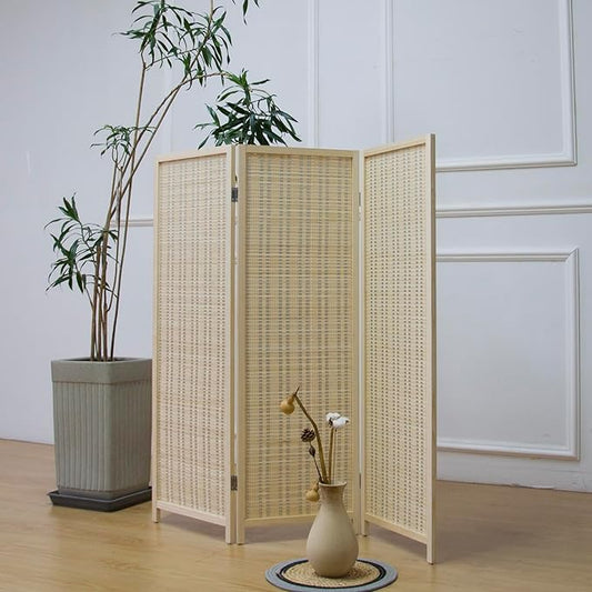 3 Panel Room Divider Short Folding Screen Divider,Double Sided Bamboo Divider Screen for Room Separation,Beige,47.2" H x 46.1" W