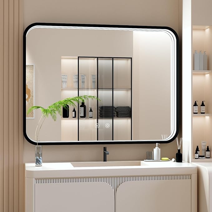 48x36 Inch Black LED Bathroom Mirror with Lights, 3000K/4500K/6000K, Wall Mounted Lighted Vanity Mirrors for Bathroom, Stepless Dimmable, Memory Funtion, Anti-Fog, Horizontal/Vertical