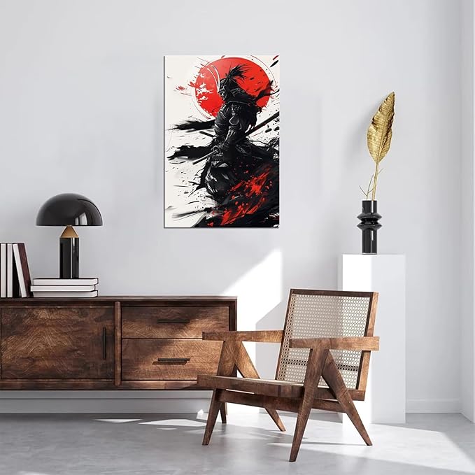 Japanese Samurai Wall Art Warrior Pictures Wall Decor Armored Samurai Painting Canvas Prints Bushido Poster Artwork Modern Home Decor Framed for Bedroom Living Room Office (18''W x 24''H)