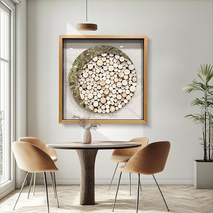 BrightA 3D Square Framed Nature Art - Gold Patina Metal Meets Circular Solid Wood Block Texture, Minimalist Contrast Wall Decor for Calming Spaces 43.3"x43.3"