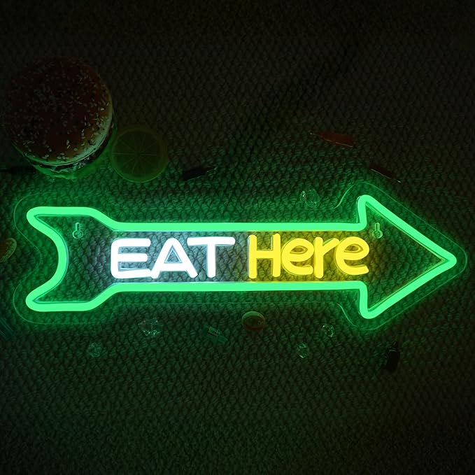 Looklight Arrow Neon Sign Eat Here Neon Lights for Wall Decor Green Led Lights for Home Kitchen Fast Food Restaurant Bar Party Cafe Coffee Diner Decor Food Truck Pizza Shop Decorations