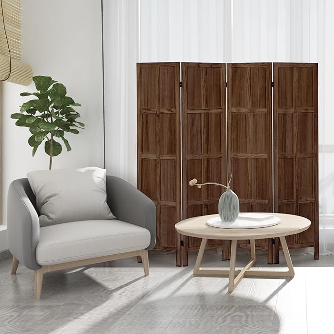 4 Panel Room Divider and Folding Privacy Screen, Classic 5.6Ft Wood Room Divider Wall, Partition Screen Divider for Room Separation for Home Office, Bedroom, Office, Dressing Room, Brown