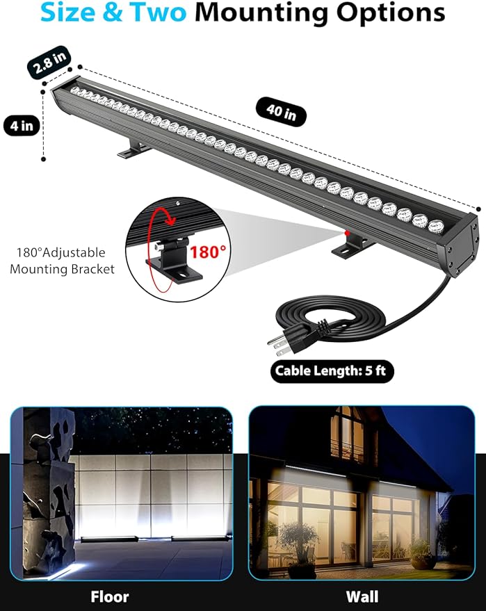Pro-Grade LED Wall Washer Light Bars, 54W 6000K Daylight White Outdoor LED Light Bar, IP67 Waterproof Heavy Duty 120V Linear Strip Light for Landscape Building Wash Lighting (40 Inch)