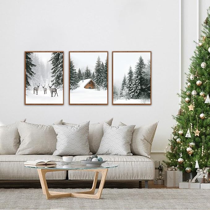 LHIUEM Christmas Pictures Wall Decor Winter Landscape Canvas Art 3 Piece Christmas Artworks(12”X16”) Winter Framed Art Prints Vintage Farmhouse Decorations Snow Forest Reindeer Wall Art for Room