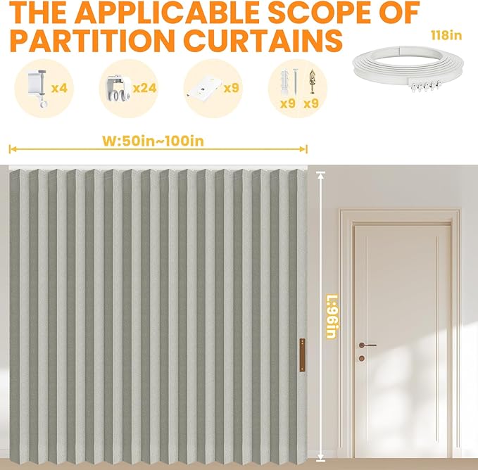 AJAZZ 100% Blackout Accordion Room Divider Curtains - with Flexible Ceiling Track Total Privacy Sound Proof Curtains Suitable for Bedroom Patio Sliding Door(Grey, W100 x L96, 1 Pack)