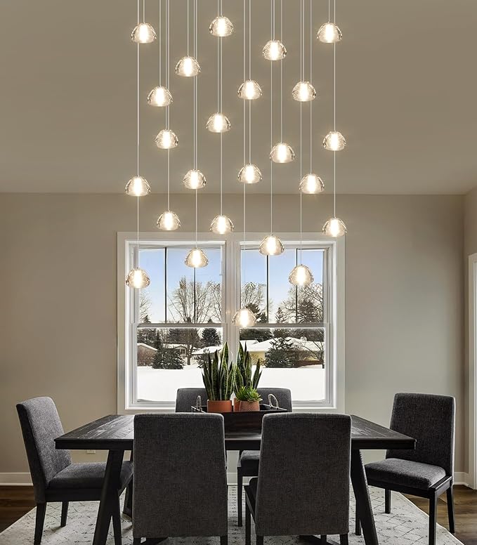 24-Lights Modern Rectangular Crystal Chandelier LED Raindrop Ceiling Pendant Light Crystal Lighting Fixture for Living Room Hotel Staircase Hallway Foyer Entryway Bedroom Silver