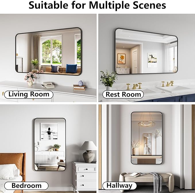 Bathroom Mirror, 30X50 Inch Black Metal Framed Mirror for Bathroom, Tempered Glass, Anti-Rust, Rounded Rectangle Mirror for Restroom, Bedroom, Black
