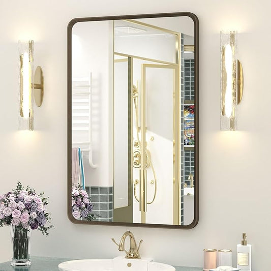 OKPAL 24x36 Bronze Bathroom Mirror, Brushed Metal Bathroom Vanity Mirrors for Wall, Bronze Rectangle Framed Bathroom Mirror, Anti-Rust (Horizontal/Vertical)
