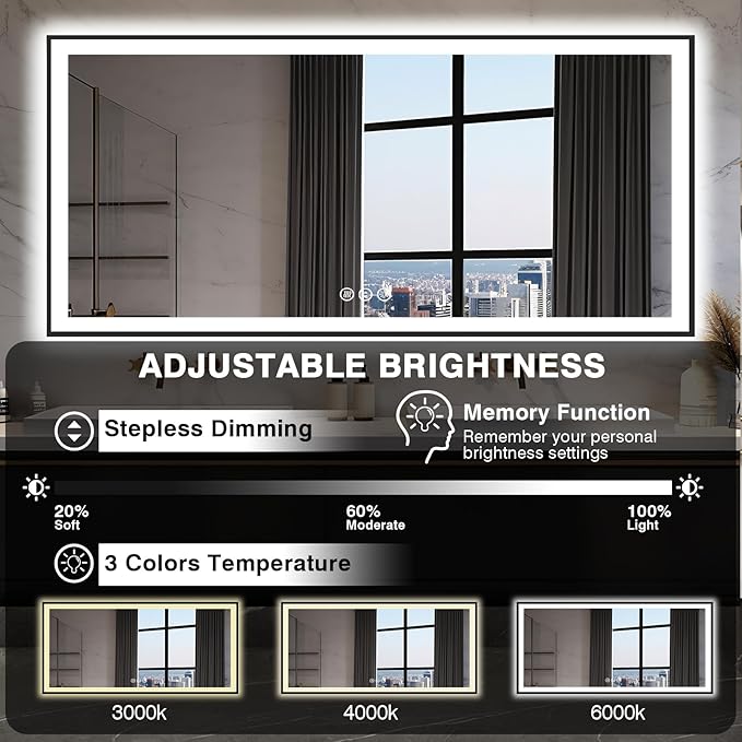 Large 84x40 Light Up Bathroom Mirror - Black Aluminum Edge (Front and Backlit), Anti-Fog Vanity Mirror with Stepless Dimmable Lights, 3 Colors Smart Mirror
