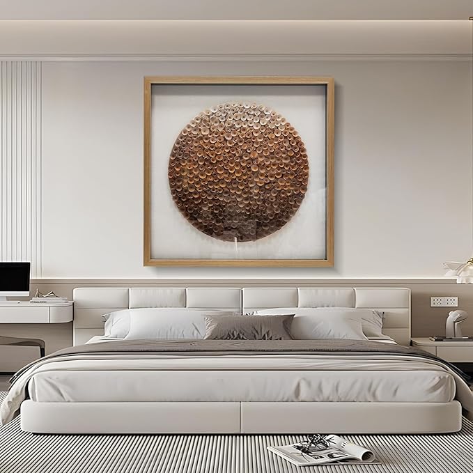 BrightA Natural Wood Paper Cylinder Wall Art Brown Gradient Color Circular Design with Earthy Tones Framed Artwork Modern Minimalist Home Decor for Living Room 31.5"x31.5"