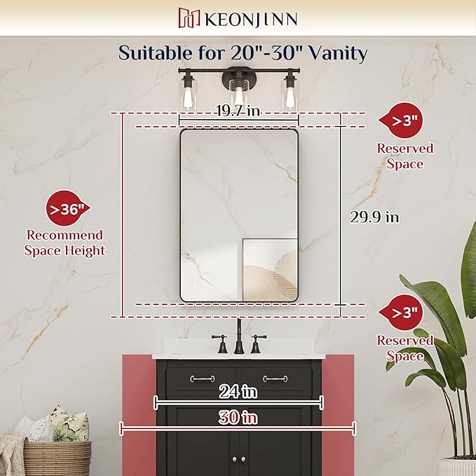 Keonjinn 20 x 30 Inch Brushed Nickel Bathroom Mirrors for Over Sink, Rounded Rectangle Silver Bathroom Vanity Mirror, Farmhouse Mirror for Wall, HD Tempered Glass, Anti-Rust Aluminum Alloy Mirror