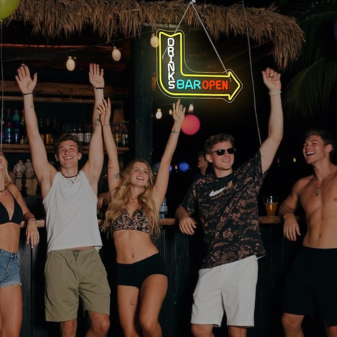 Looklight Drinks Bar Open Neon Sign for Wall Decor Right Arrow LED Light Sign Decoration for Bar Restaurant Man Cave Parties Cart Accessories, Get Your Business Seen Day Or Night