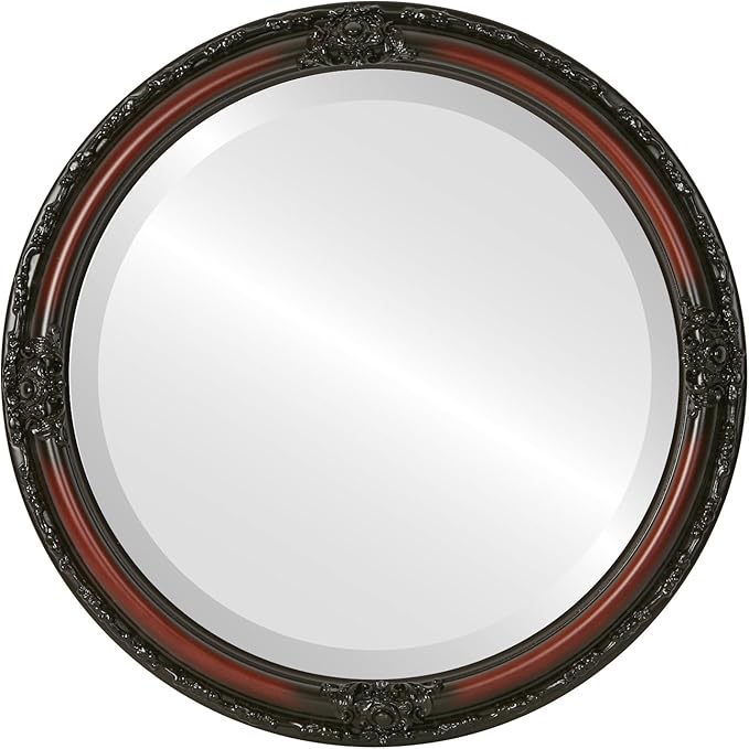OVALCREST Round Beveled Wall Mirror for Home Decor - Jefferson Style - Rosewood - 32x32 Outside Dimensions