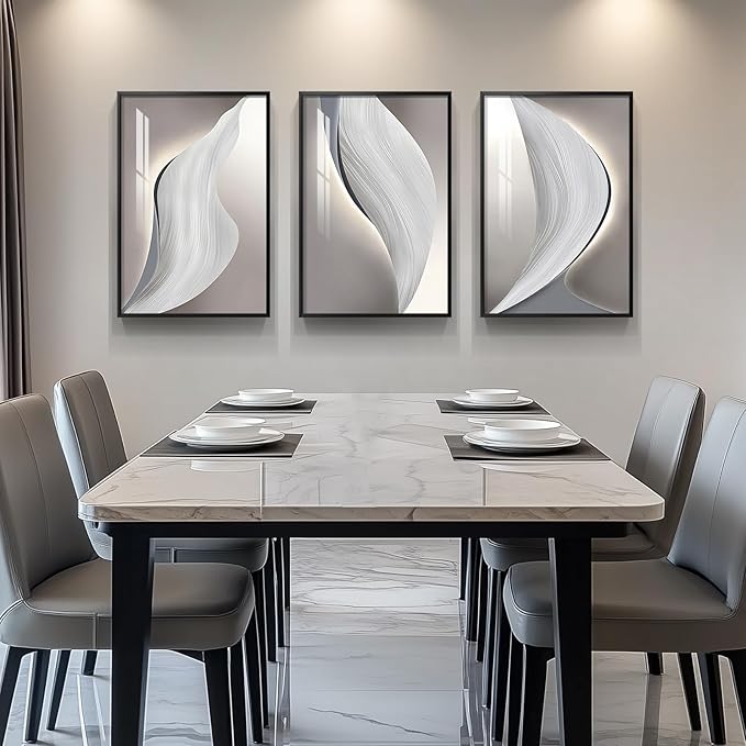 Large Framed Modern Wall Art for Living Room, 3 Piece Minimalist Abstract White and Grey Prints Wall Decor, Bright Style Artwork Paintings Pictures for Hallway Dining Office 24x36 Inch