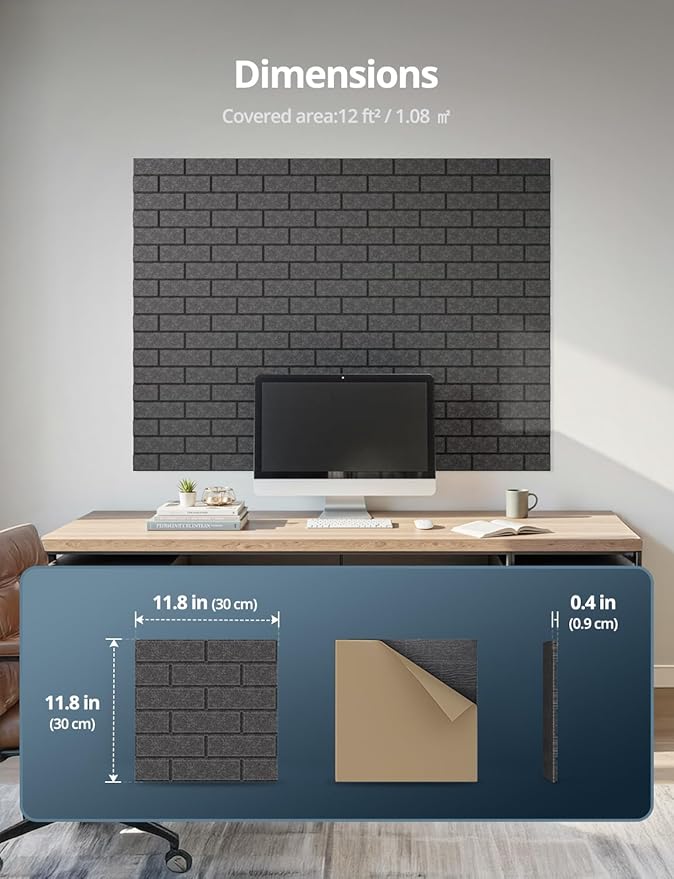 Acoustic Wall Panels, Brick Pattern Peel and Stick Sound Absorbing Panel for Ceiling, Door, Pared, 12 Pack 12"x12"x0.4", Dark Grey Decorative Self Adhesive Wall Tiles for Recording Studio, Room