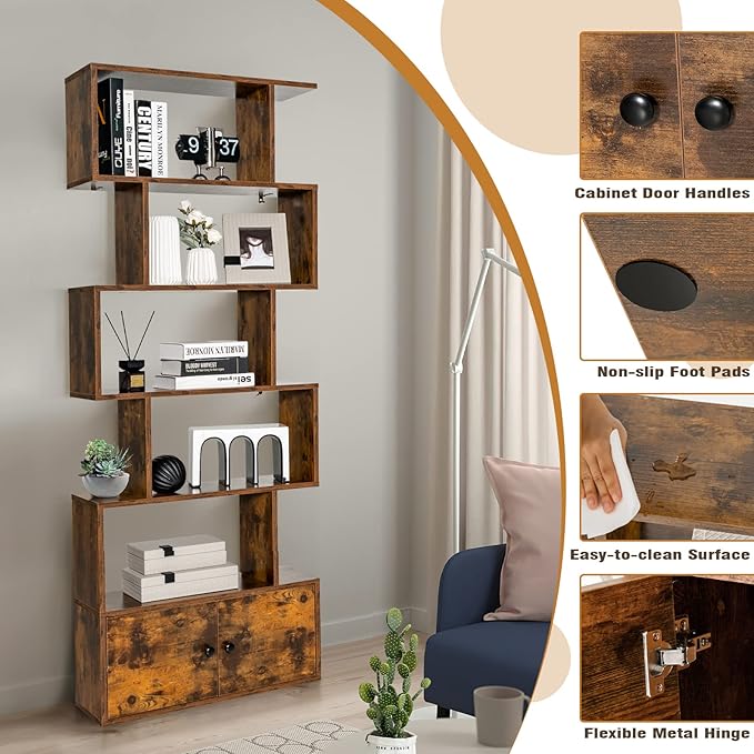 6-Tier Geometric Bookcase, 72” Freestanding Room Divider Bookshelf with Open Display Shelves & Multi-use Storage Cabinet, Wood S-Shaped Storage Organizer for Living Room, Bedroom & Home Office