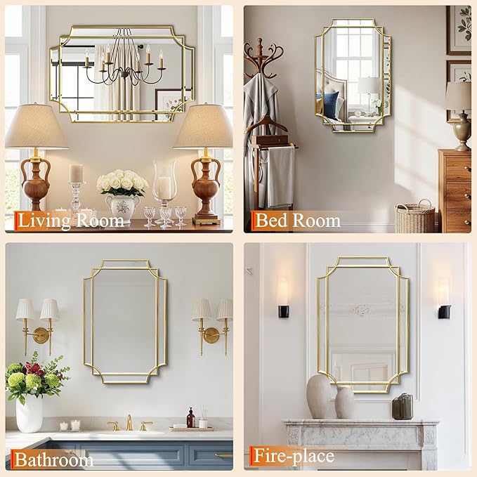 20x30 inch Beveled Gold Mirror for Wall, Gold Traditional Art Decorative Mirror Home Decor for Bathroom Living Room Bedroom Kitchen Entrance