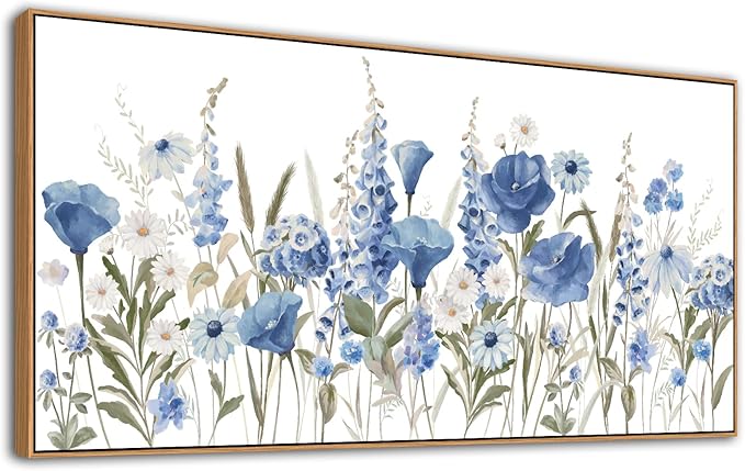 arteWOODS Elegant Flowers Framed Wall Art - Blue White Botanical Pictures for Wall Decor Floral Blossom Canvas Painting Print Artwork for Living Room Bedroom Home Office Wall Decoration 20" x 40"