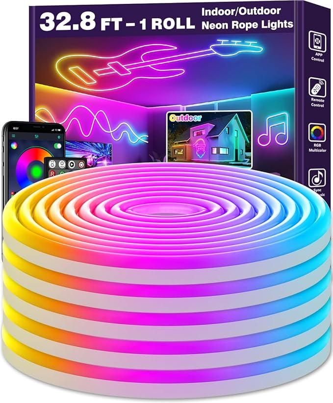 32.8Ft Neon Rope Lights,Flexible Led Rope Lights Control with App/Remote,Multiple Modes Rope Lights,IP65 Outdoor RGB Led Neon Lights Waterproof,Music Sync Gaming Led Neon Light Strip for Bedroom Decor