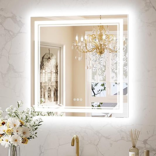 Keonjinn Bathroom LED Mirror 30 x 30 Inch Frontlit and Backlit, Tempered Glass Stepless 3 Colors Temperature & Dimmable Square Wall Mirror, UL Listed LED Driver, Double LED Strips, Anti-Fog Mirrors