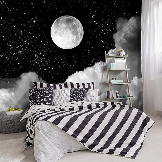 -Gray Galaxy Universe Moon Fabric Wallpaper Ceiling Starry Night White Clouds Living Room Bedroom Bathroom Boys and Girls Children's Room Large Mural- 183"x120"（ not Peel and Stick）