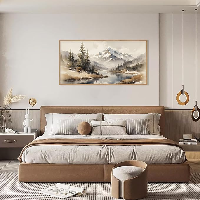 Ausril Watercolor Misty Mountain Framed Canvas Wall Art Set, Foggy Pine Tree Wall Decor, Winter Landscape Wall Painting, Nature Snowy Scene Art Print for Living Room, Bedroom, Office - 20"X40"