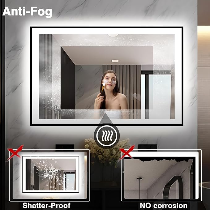 51x32 LED Lit Bathroom Mirror - Black Framed, Front and Backlit LED Lighted, Anti-Fog Bathroom Mirror with Lights, 3 Colors Stepless Dimmable Mirror, Touch Sense (Horizontal/Vertical)