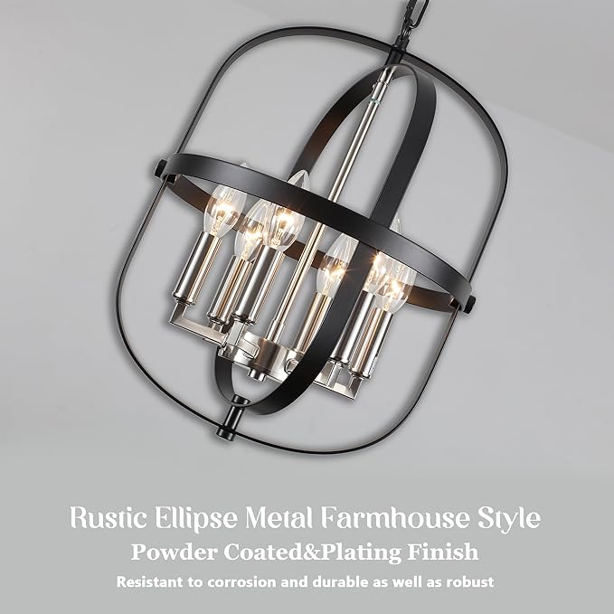 ANKYLHUA Black Nickel Chandeliers for Dining Room,Chandelier 6-Light,E12 Base Light Fixture Adjustable Height,Ellipse Farmhouse Hallway Light Fixtures for Kitchen Entryway Foyer