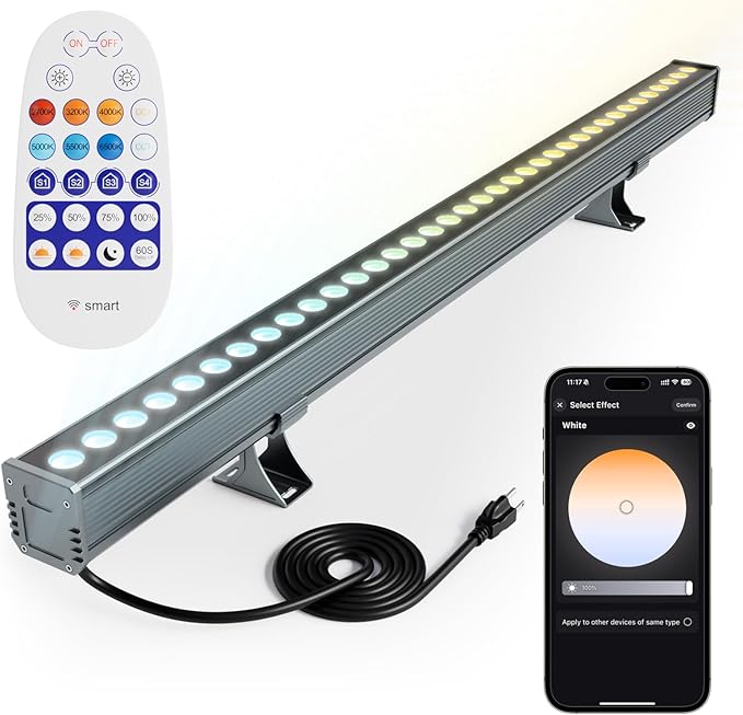 Smart Wall Washer Lights Adjustable Color Temperature 2700K-6500K,72W 9600lm 1%-100% Brightness Dimmable LED Bar Light APP & Remote Control for Outdoor, Compatible with Alexa/Google Assistant