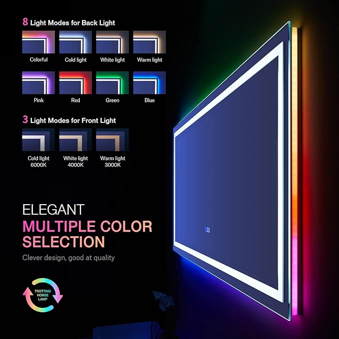 LOAAO 60X28 RGB LED Bathroom Mirror with Lights, Large, Anti-Fog, Dimmable Lighted Bathroom Vanity Mirror, Colorful Multiple Light Modes, RGB Backlit + Front Light, Memory Function