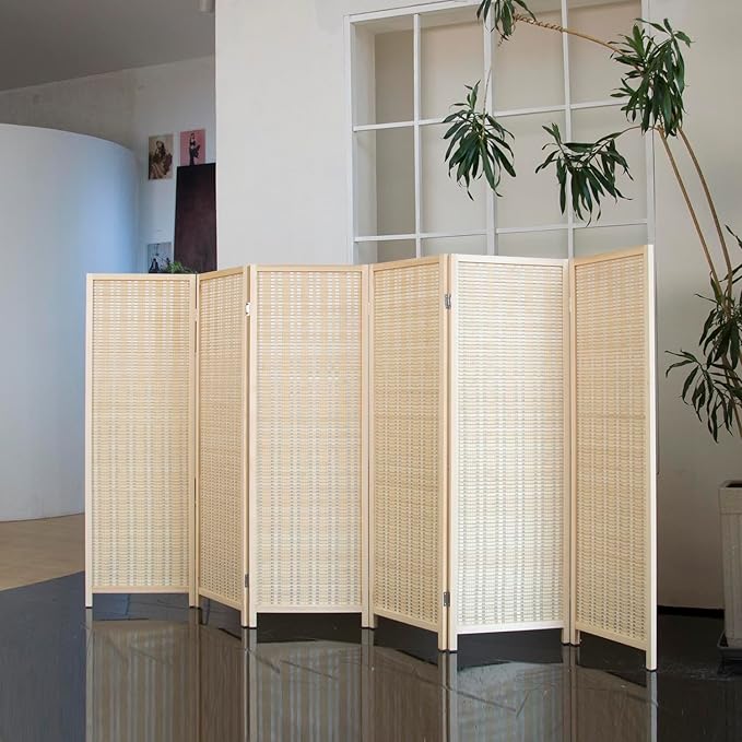 6 Panel Short Room Divider Folding Screen,47 inch Bamboo Panel Divider for Home Partition,Beige